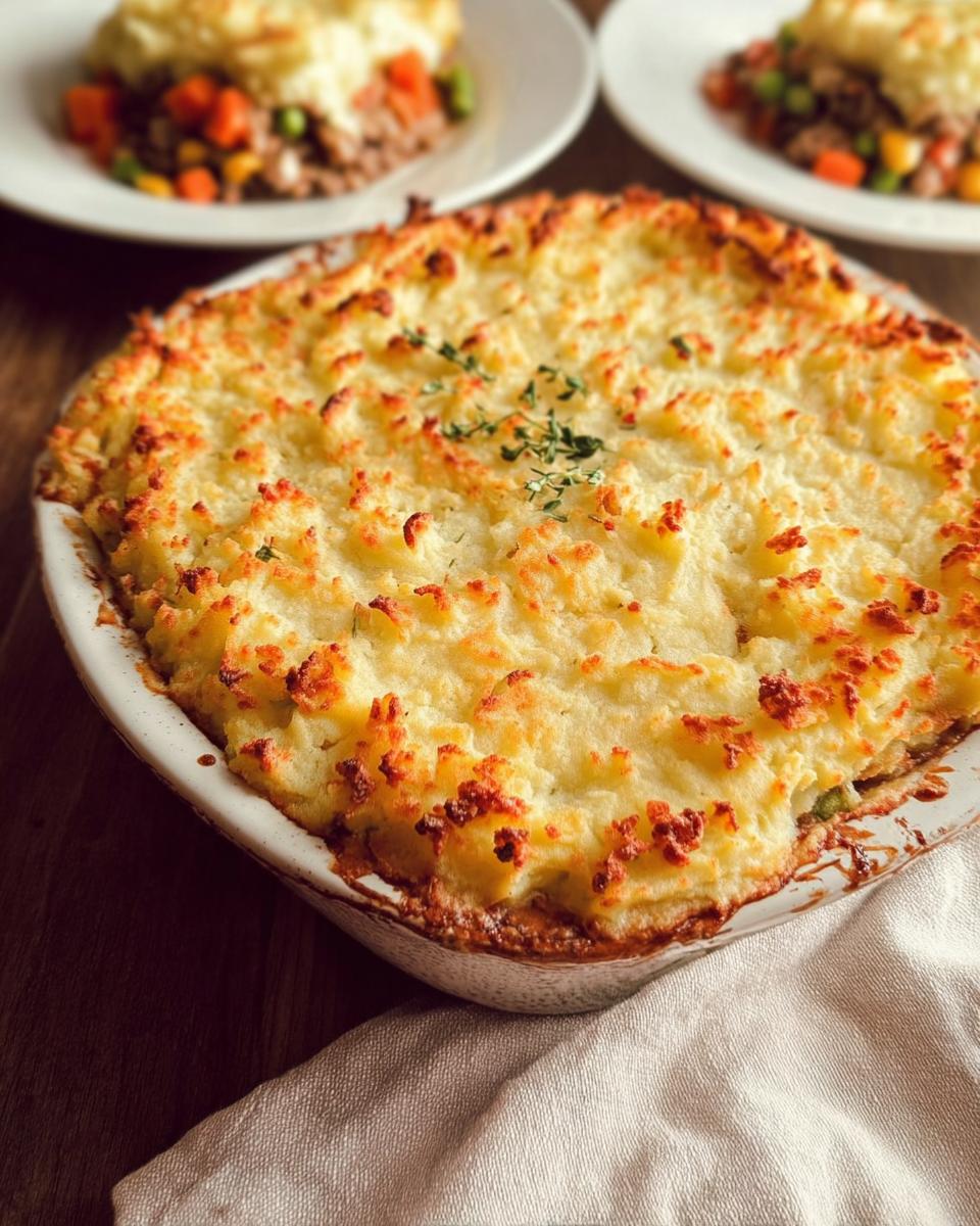 A freshly baked Turkey Shepherd's Pie with a golden, slightly browned mashed potato topping and a hint of herbs.