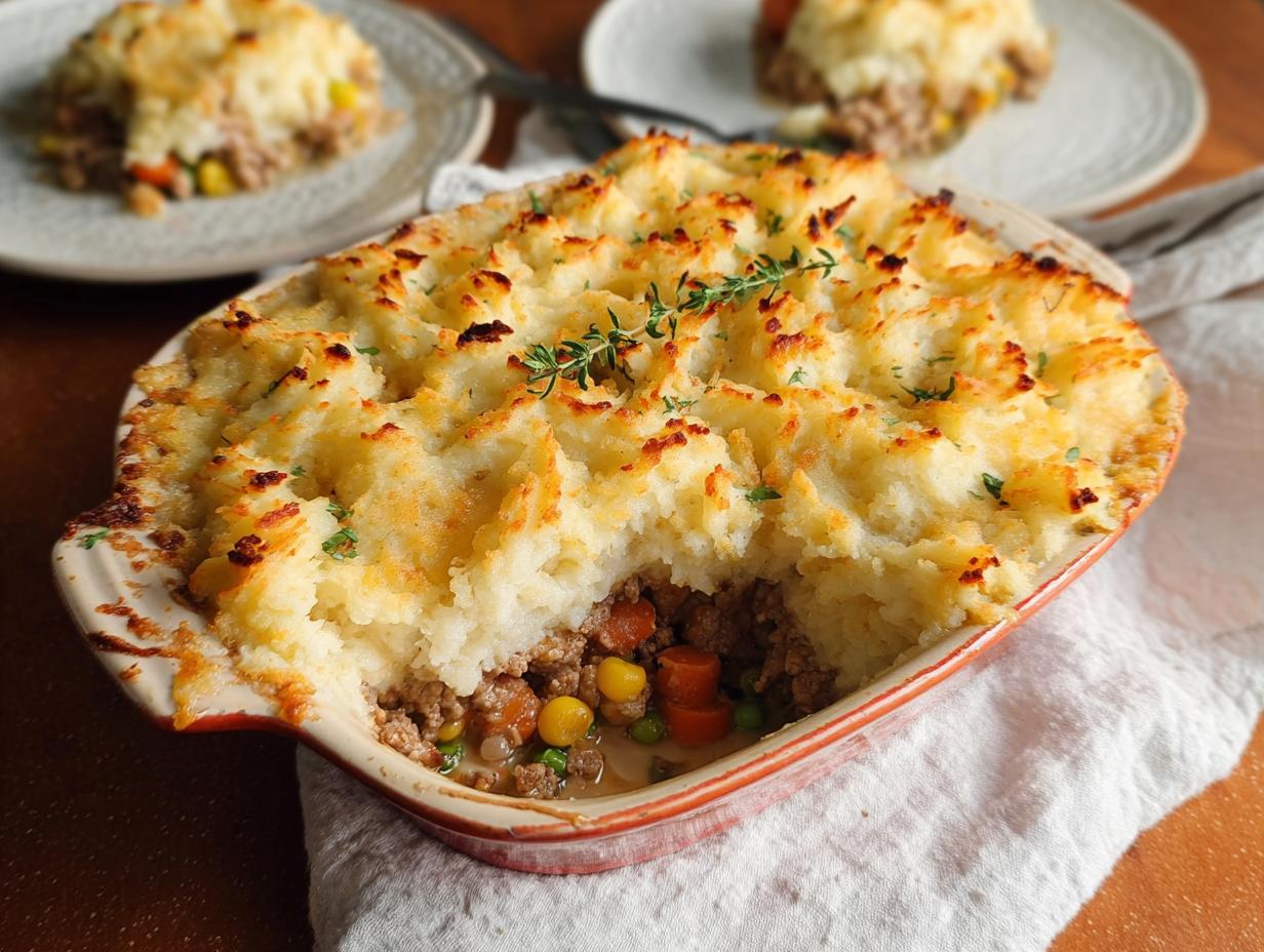 A close-up of a freshly baked Turkey Shepherd’s Pie with a light, fluffy mashed potato topping and a visible layer of turkey and vegetables.