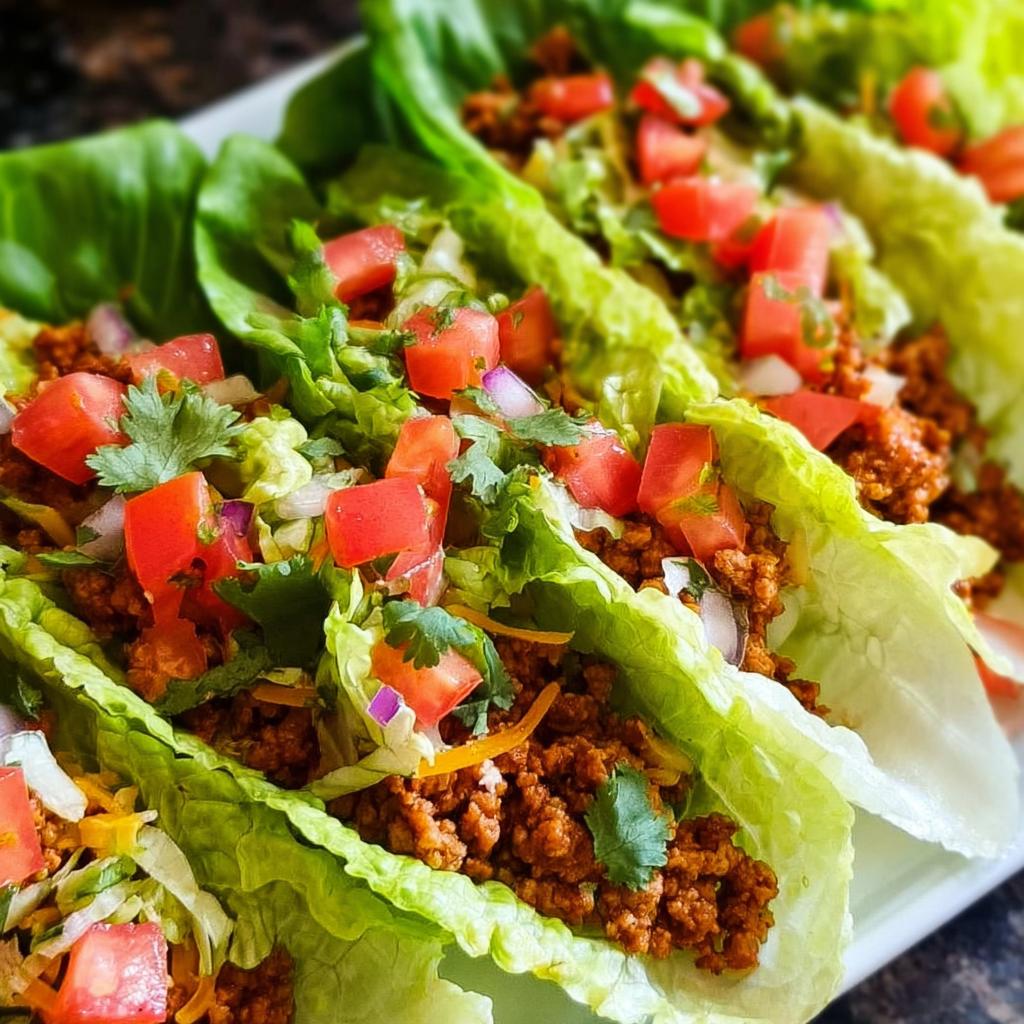 Close-up of several fresh Turkey Taco Lettuce Wraps filled with seasoned ground turkey, diced tomatoes, and cilantro.