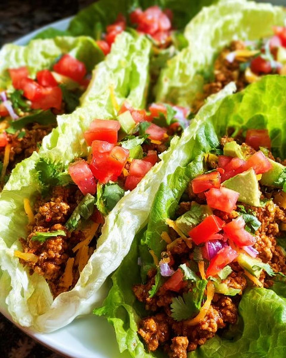 Close-up of several Turkey Taco Lettuce Wraps filled with seasoned ground turkey, topped with diced tomatoes and avocado.