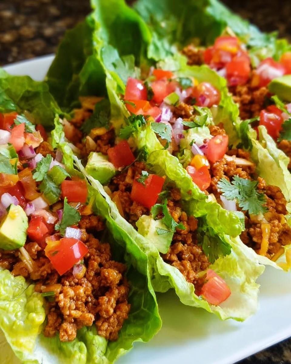 Close-up of several appetizing Turkey Taco Lettuce Wraps filled with seasoned ground turkey and fresh toppings.