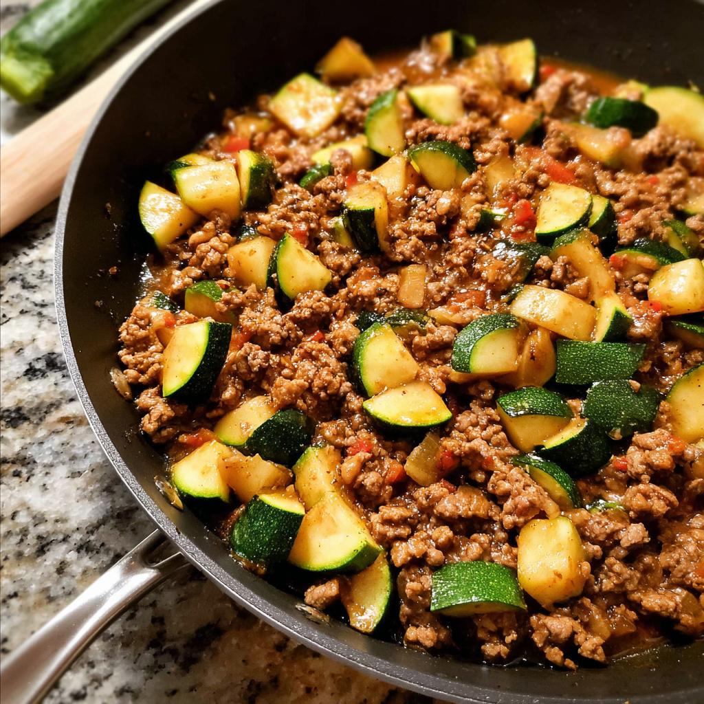 Close-up of Turkey & Veggie Zucchini Skillet cooking in a black skillet, showing ground turkey and zucchini chunks.
