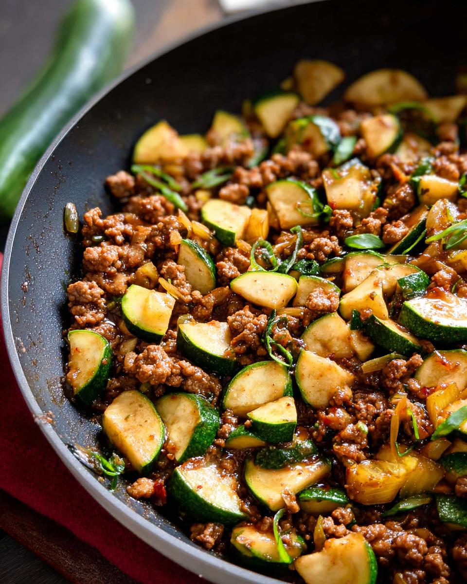 Close-up of a skillet filled with Turkey & Veggie Zucchini Skillet, showing ground turkey and sliced zucchini.