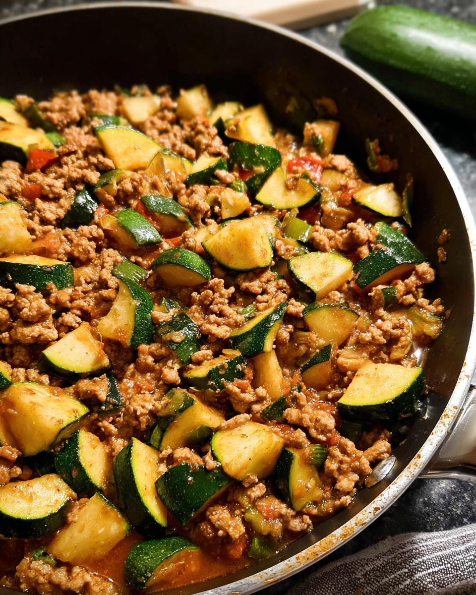 A close-up of a Turkey & Veggie Zucchini Skillet, showing ground turkey and chopped zucchini in a savory sauce.