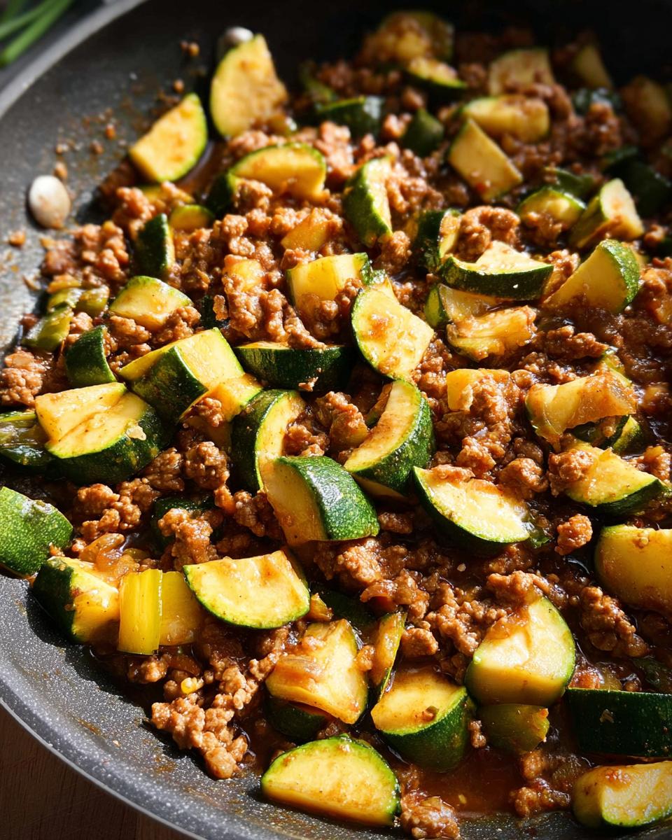 Close-up of a Turkey & Veggie Zucchini Skillet cooking in a pan, showing ground turkey and chopped zucchini.