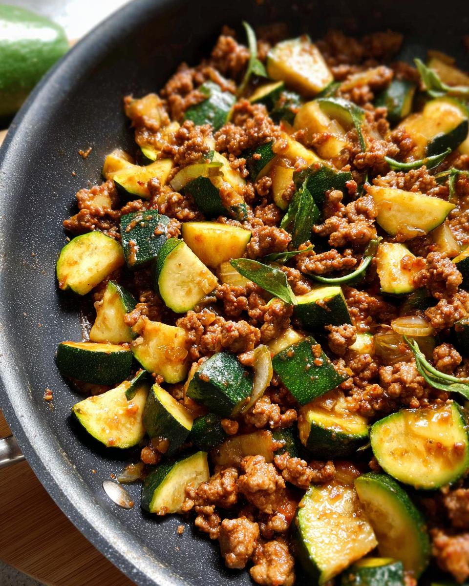 Close-up of a Turkey & Veggie Zucchini Skillet cooking in a black pan, showing ground turkey and chopped zucchini.