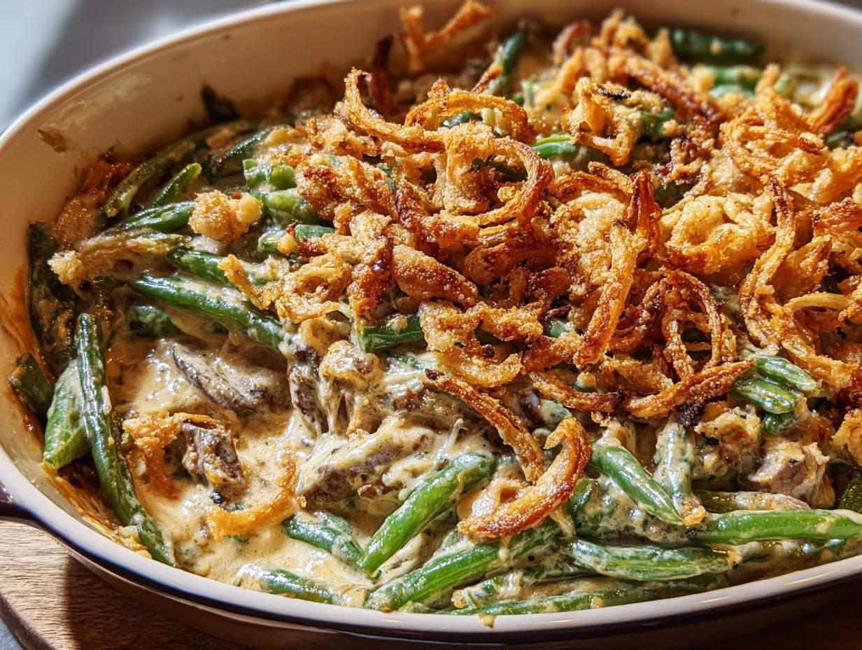Close-up of a creamy Ultimate Thanksgiving Green Beans casserole topped with crispy fried onions.