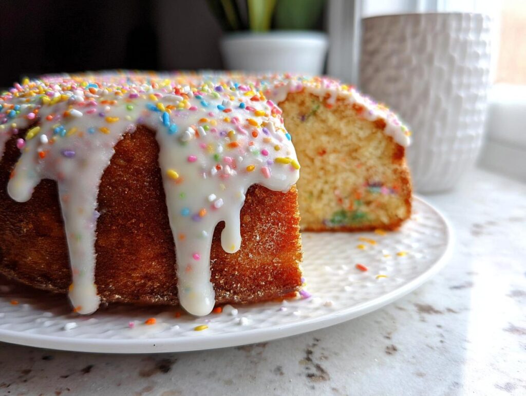 A close-up of a Vanilla Confetti New Year’s Cake with thick white glaze dripping down and colorful sprinkles.