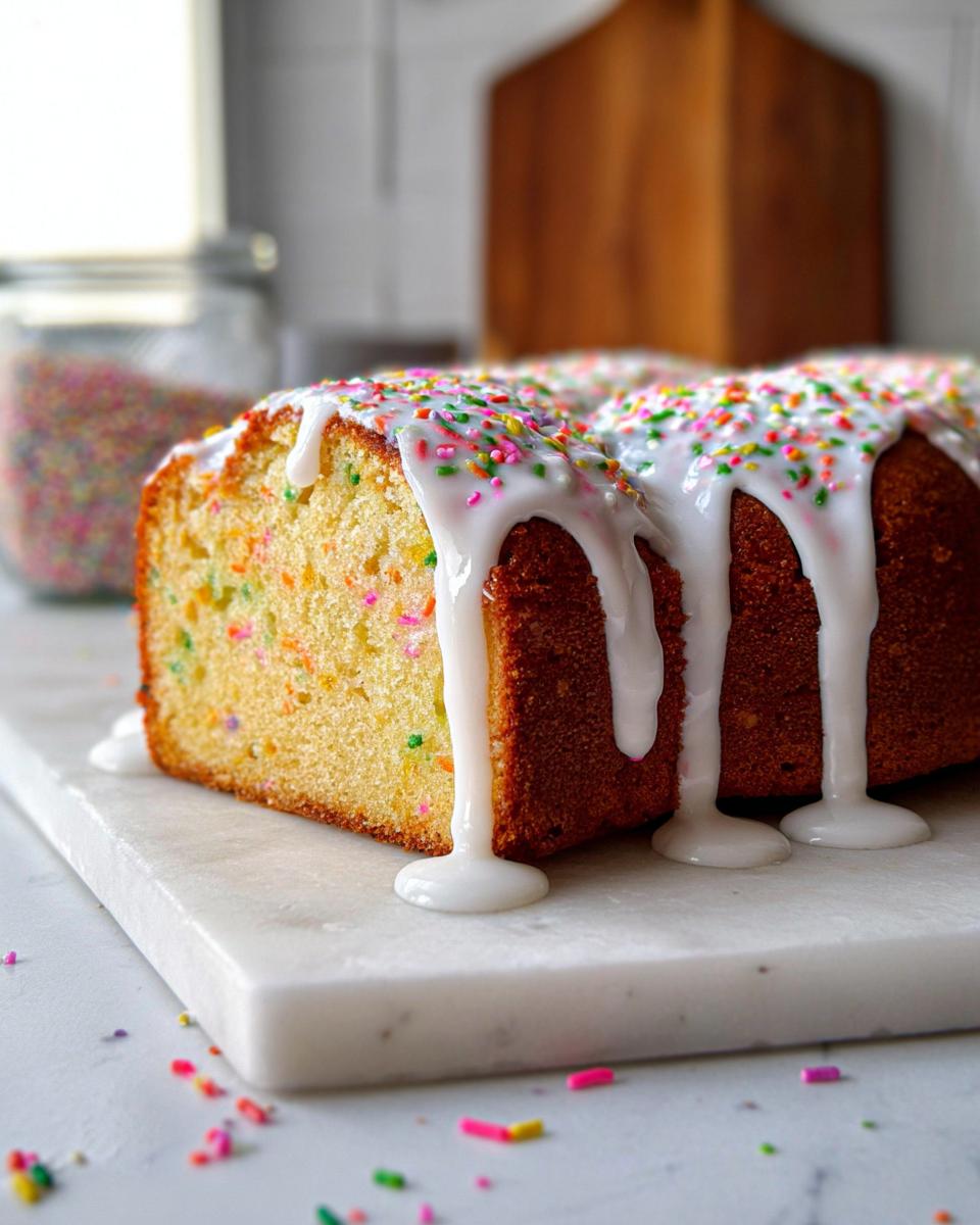 Close-up of a slice of Vanilla Confetti New Year’s Cake topped with dripping white glaze and colorful sprinkles.