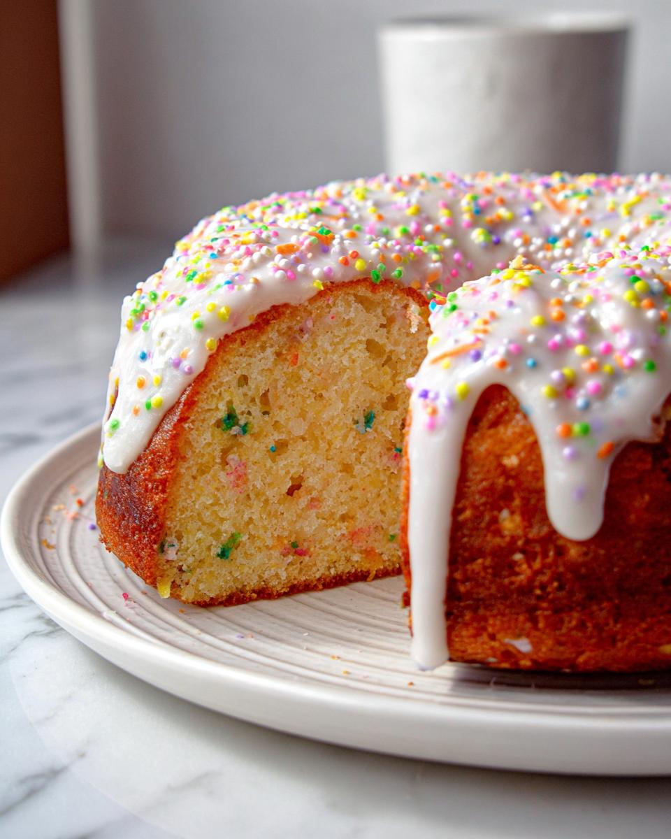 Close-up of a Vanilla Confetti New Year’s Cake with a slice removed, showing the colorful sprinkles inside and white glaze dripping down the side.