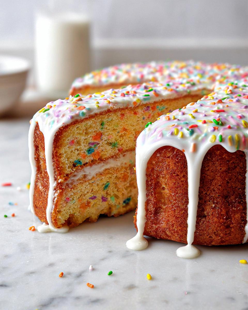 Close-up of a slice of Vanilla Confetti New Year’s Cake showing colorful sprinkles inside, topped with white drip icing.
