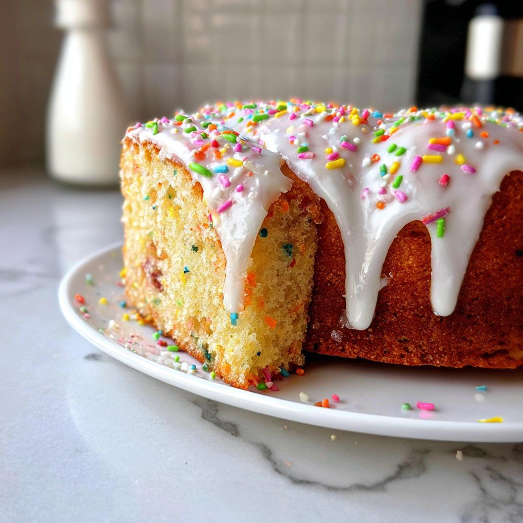 Close-up of a slice of Vanilla Confetti New Year’s Cake topped with white glaze and colorful sprinkles.