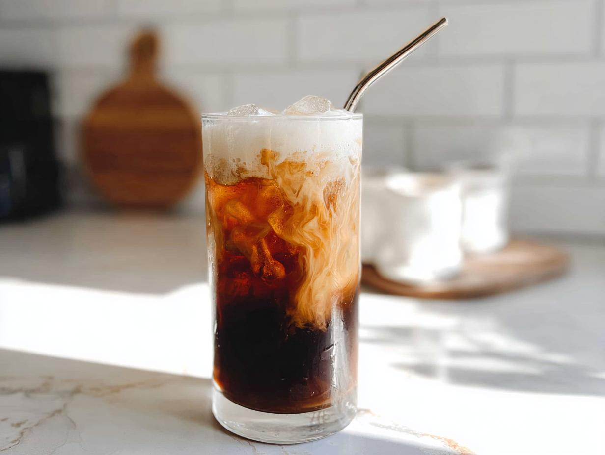 A tall glass of Vanilla Sweet Cream Cold Foam Cold Brew with ice, showing the cream swirling into the dark coffee.