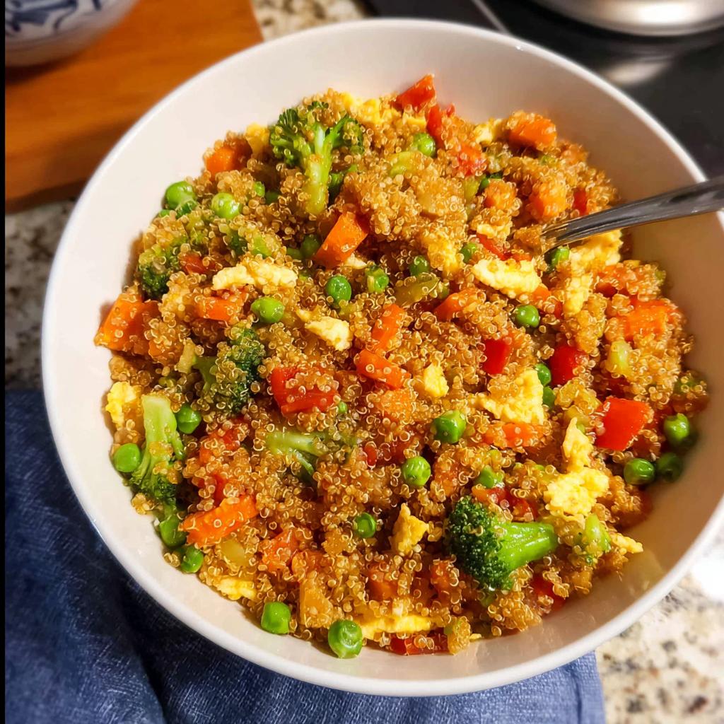 Close-up of a white bowl filled with vibrant Vegetable Quinoa Fried Rice, mixed with peas, carrots, broccoli, and scrambled egg.