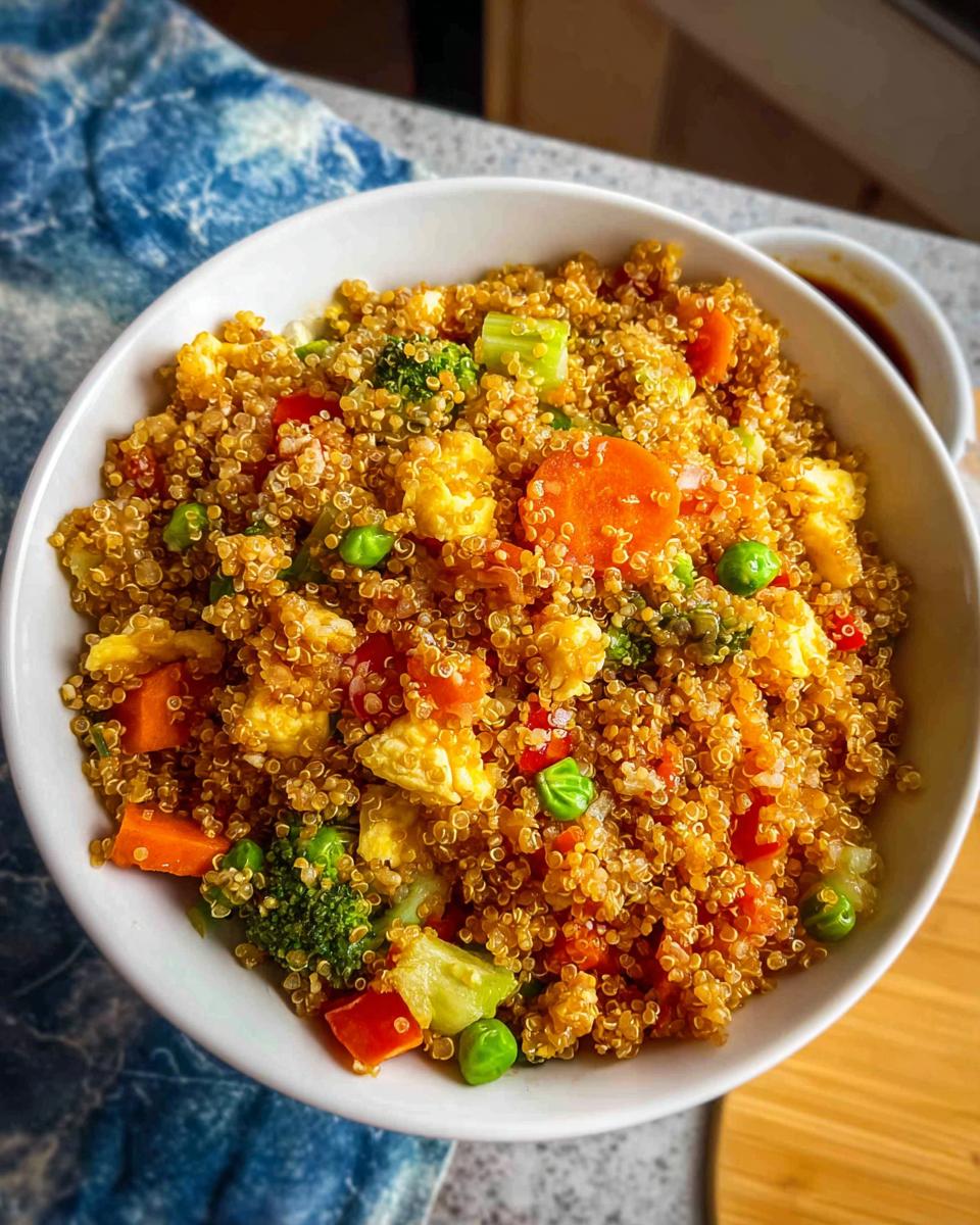 Close-up overhead view of Vegetable Quinoa Fried Rice mixed with scrambled egg, carrots, peas, and broccoli in a white bowl.