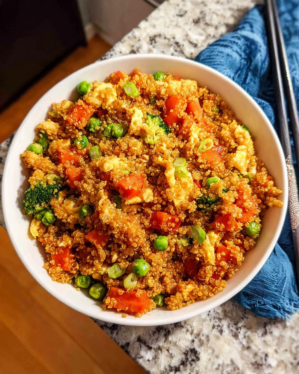 A white bowl filled with colorful Vegetable Quinoa Fried Rice, featuring quinoa, carrots, peas, broccoli, and scrambled egg.