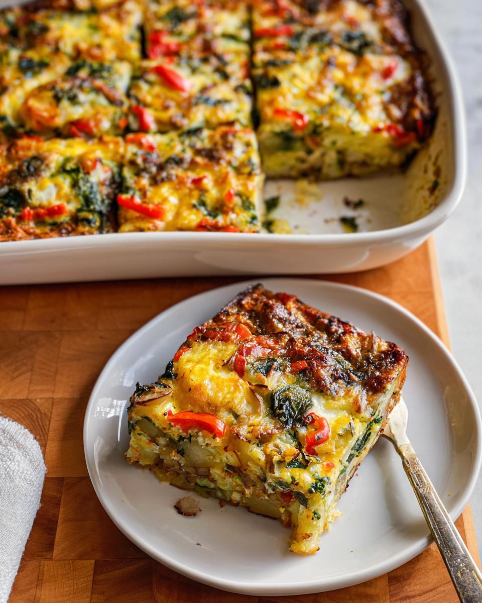 A serving of Veggie Breakfast Casserole featuring eggs, spinach, onions, and red peppers on a white plate.