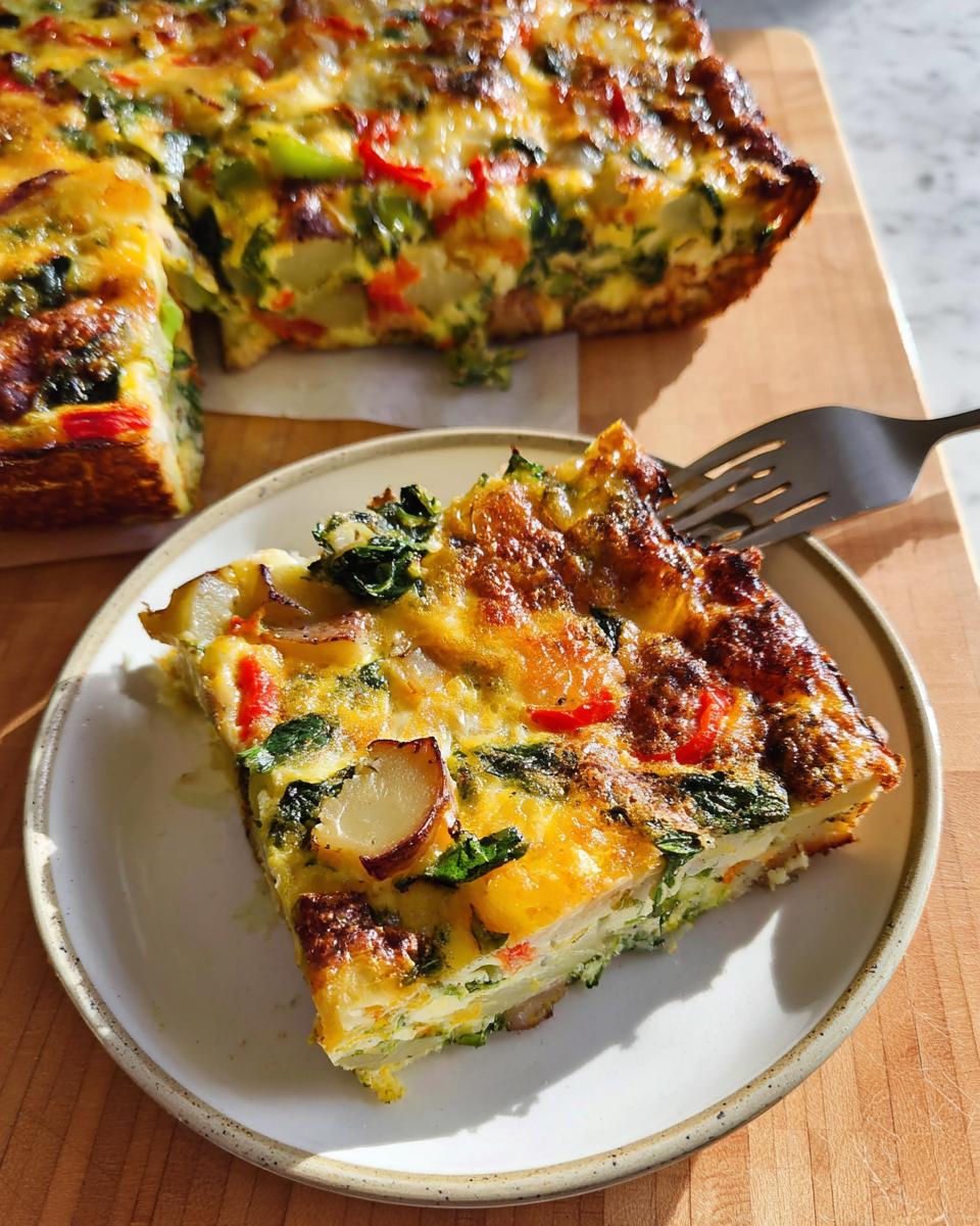 A slice of Veggie Breakfast Casserole featuring potatoes, spinach, peppers, and a golden-brown top, served on a plate.