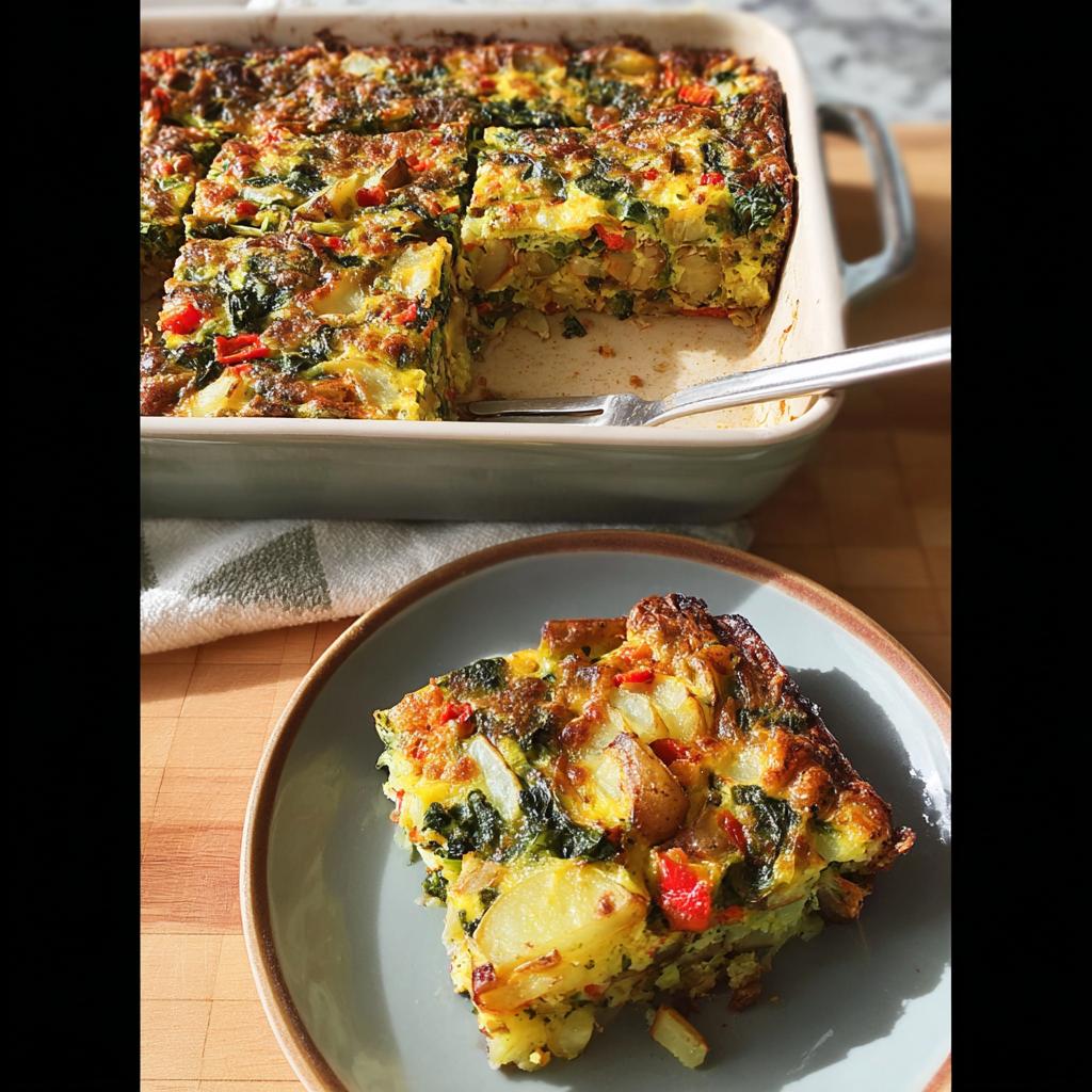 A serving of Veggie Breakfast Casserole featuring potatoes, spinach, and red peppers on a plate, with the rest in the baking dish.