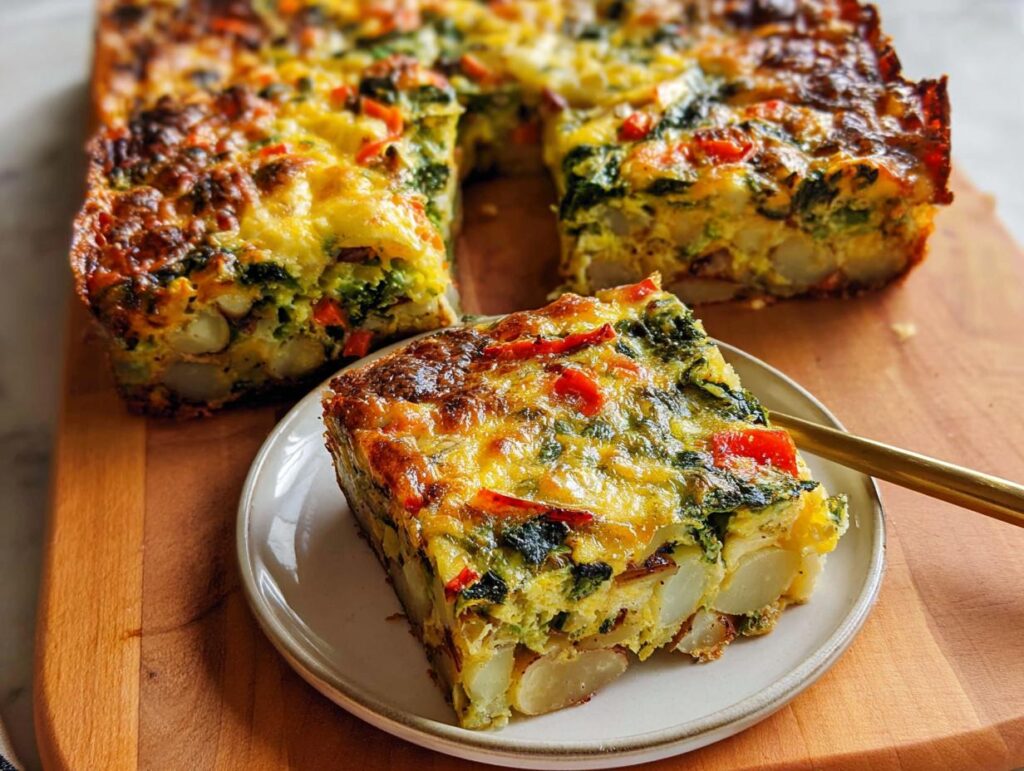 A slice of baked Veggie Breakfast Casserole featuring potatoes, spinach, and red peppers, topped with melted cheese.