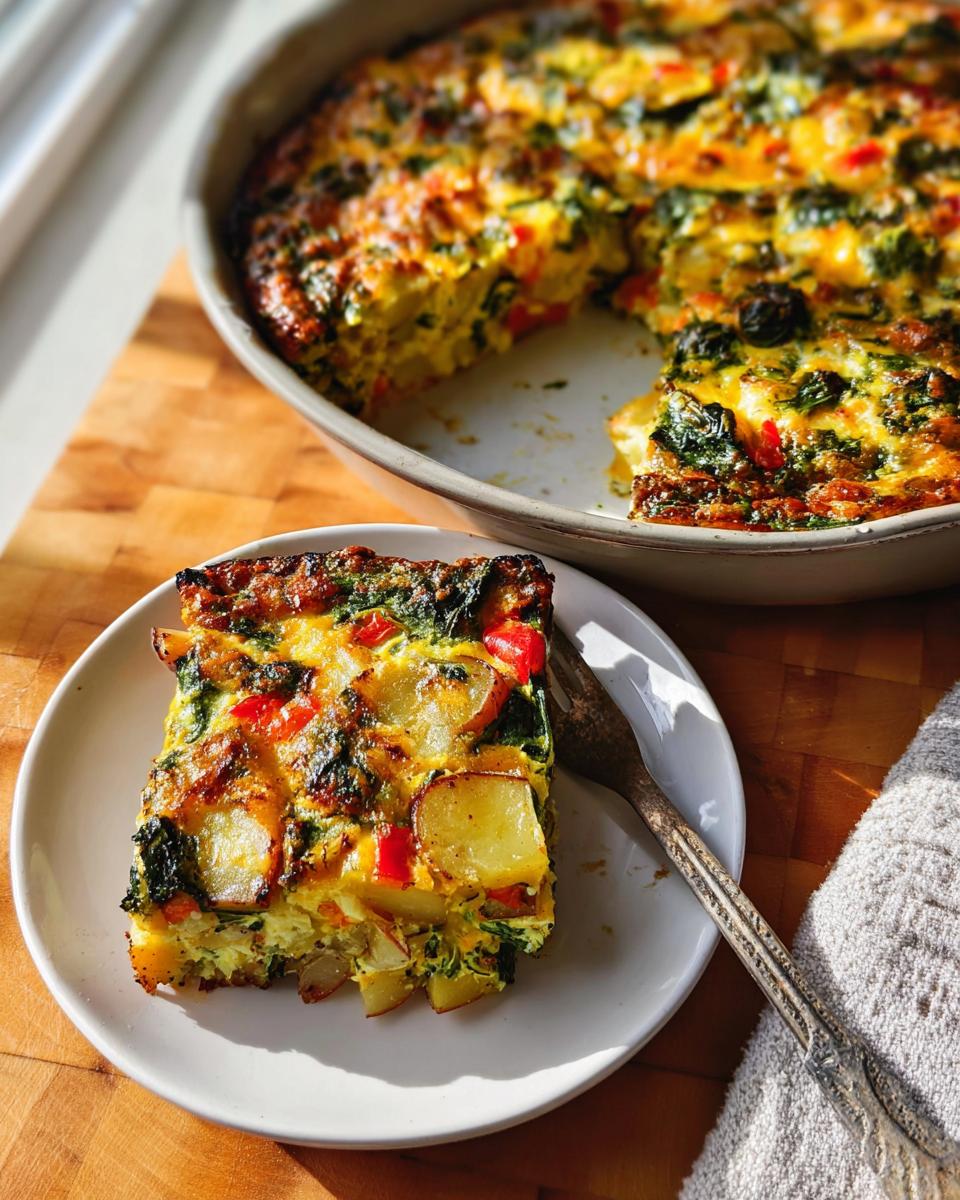 A square slice of Veggie Breakfast Casserole featuring eggs, spinach, peppers, and potatoes on a white plate.