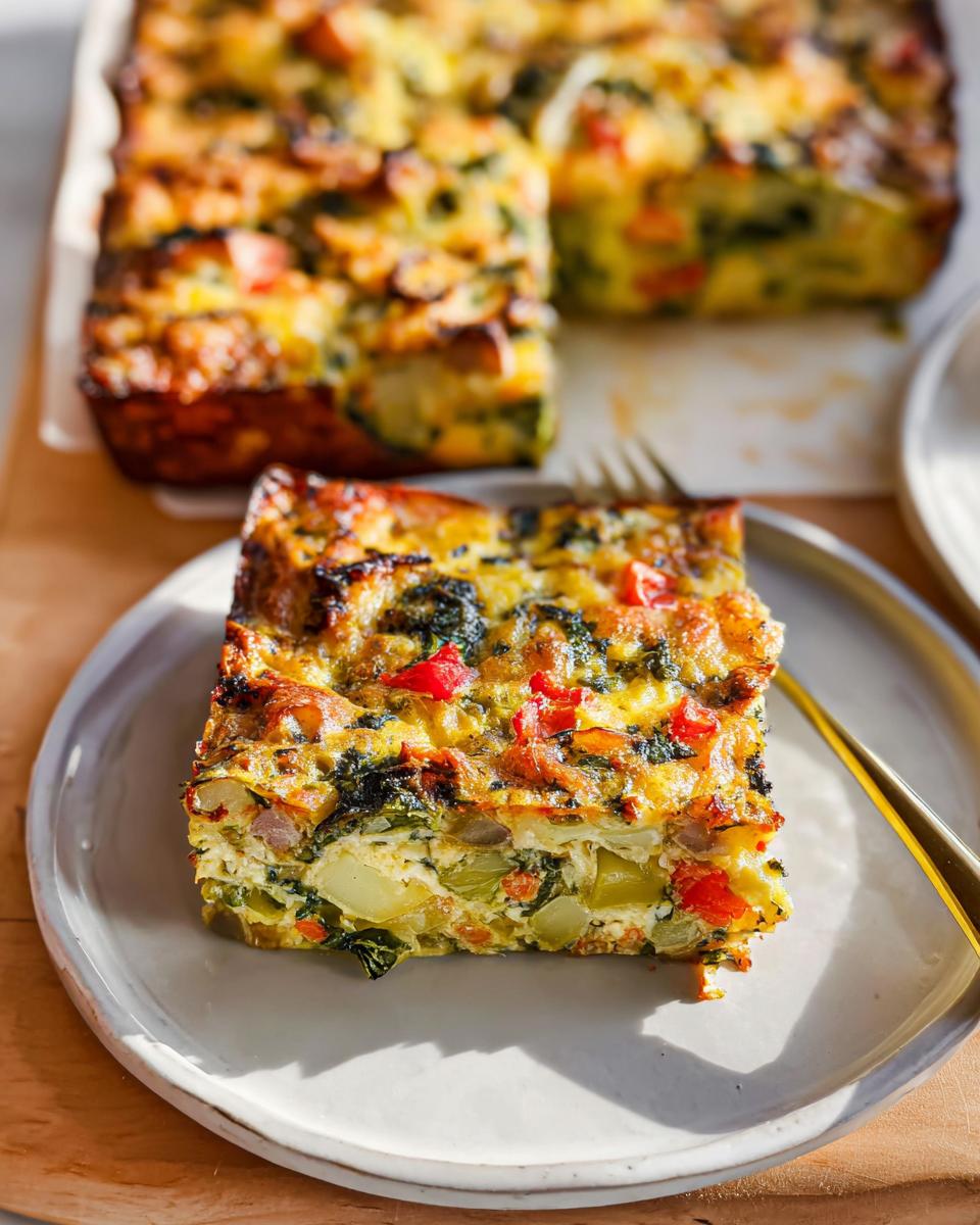 A square slice of Veggie Breakfast Casserole featuring visible layers of spinach, red peppers, and potatoes on a light gray plate.