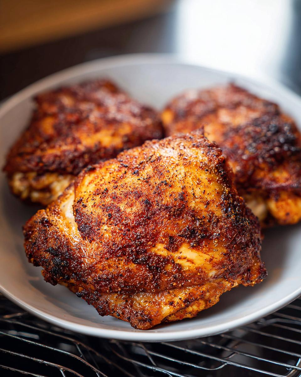 Close-up of three perfectly cooked Air Fryer Crispy Chicken Thighs with dark, seasoned skin resting on a white plate.