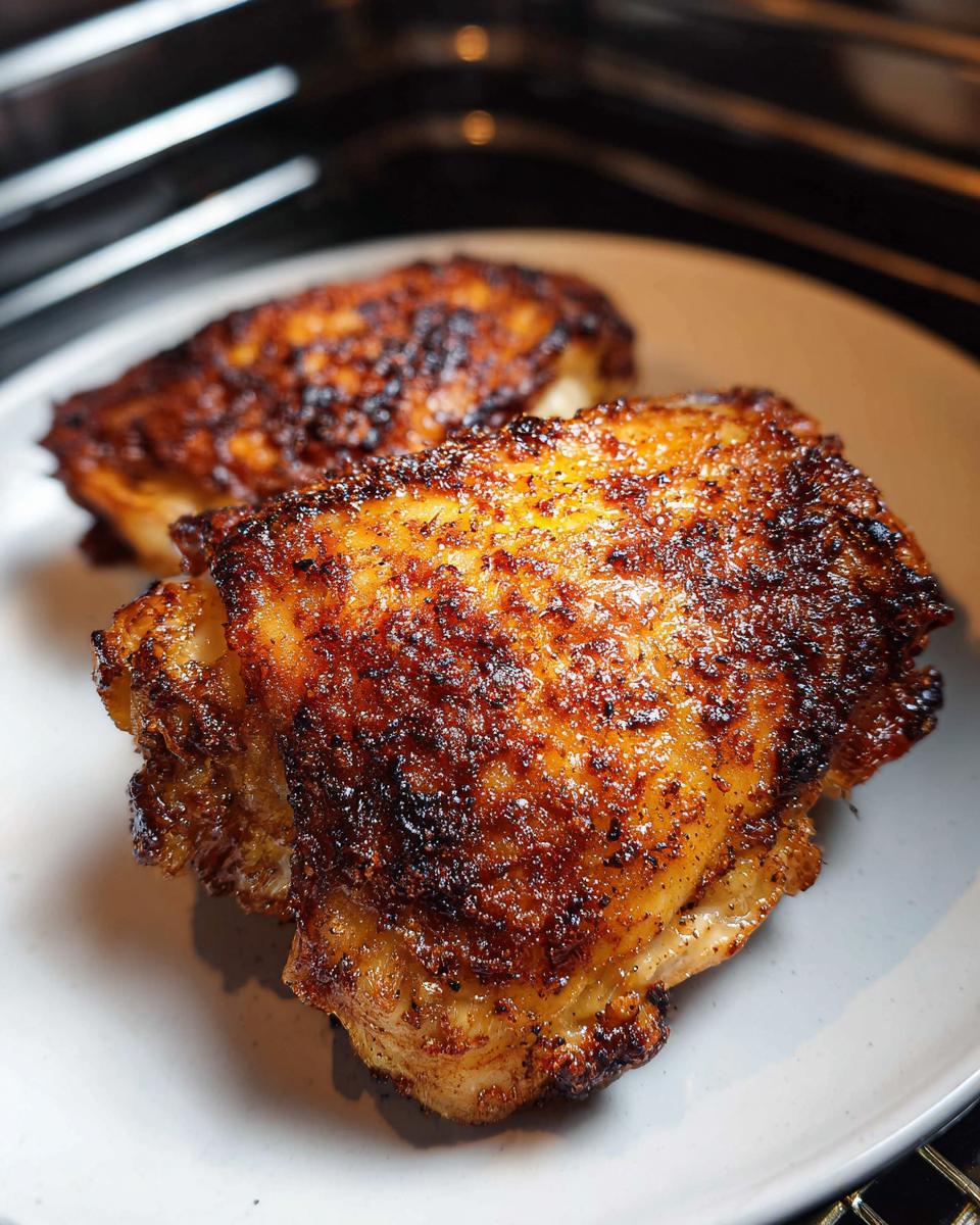 Close-up of two perfectly cooked Air Fryer Crispy Chicken Thighs with deeply browned, seasoned skin.