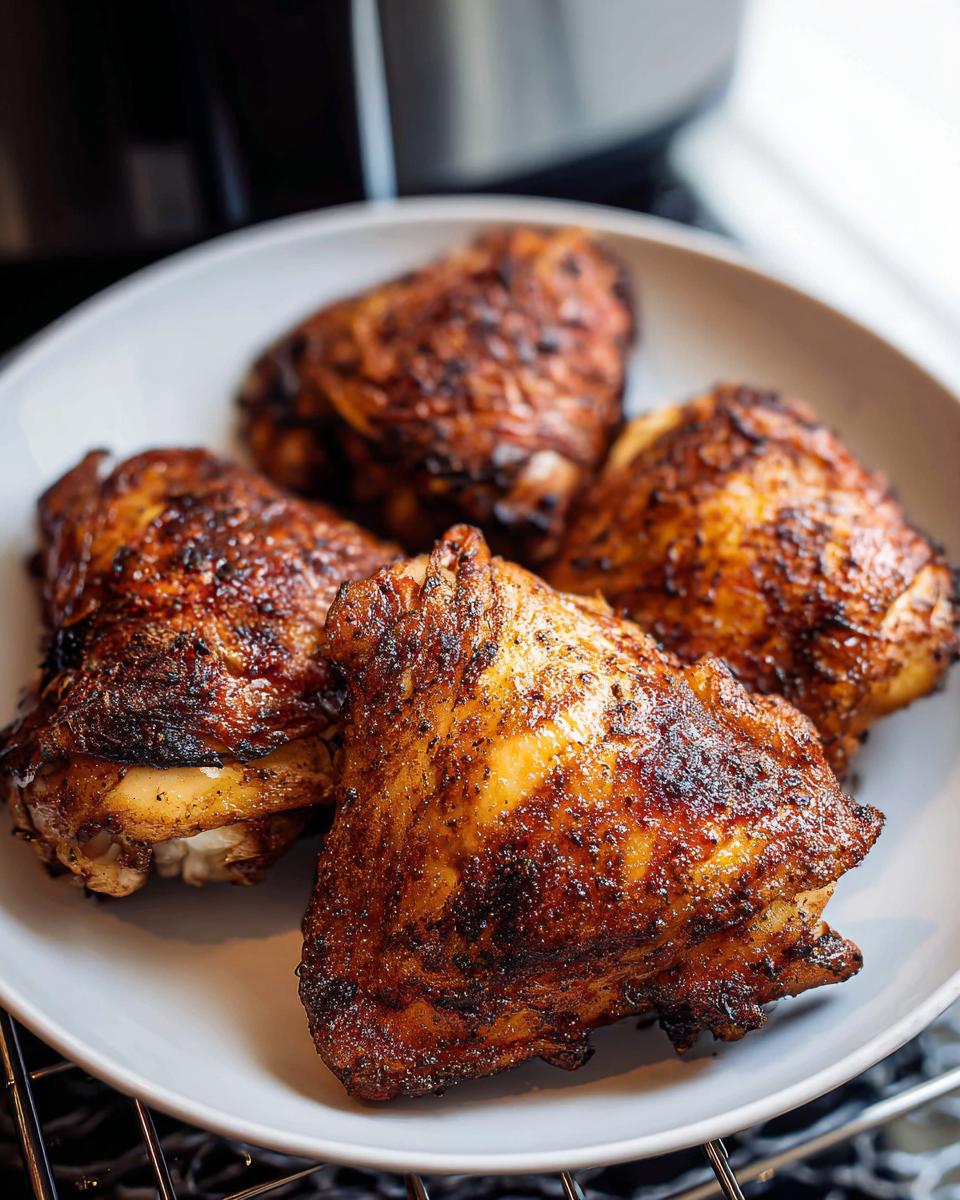 Four perfectly cooked Air Fryer Crispy Chicken Thighs with dark, seasoned skin resting on a white plate.