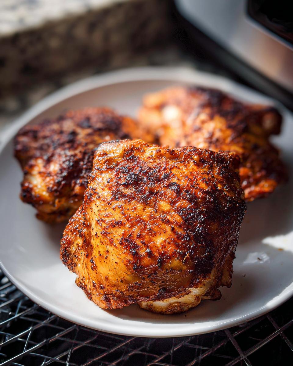 Three perfectly cooked Air Fryer Crispy Chicken Thighs with dark, seasoned skin resting on a white plate.