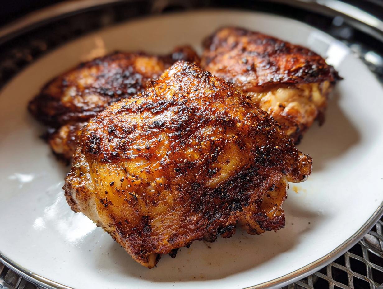 Close-up of three perfectly cooked Air Fryer Crispy Chicken Thighs with dark, seasoned, and crunchy skin.