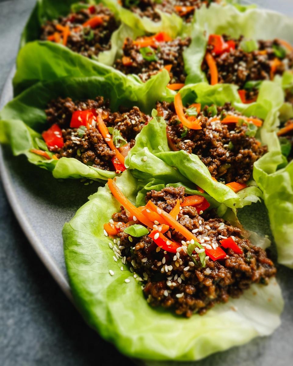 Several vibrant Asian Ground Beef Lettuce Wraps filled with savory ground meat, topped with sesame seeds, carrots, and peppers.