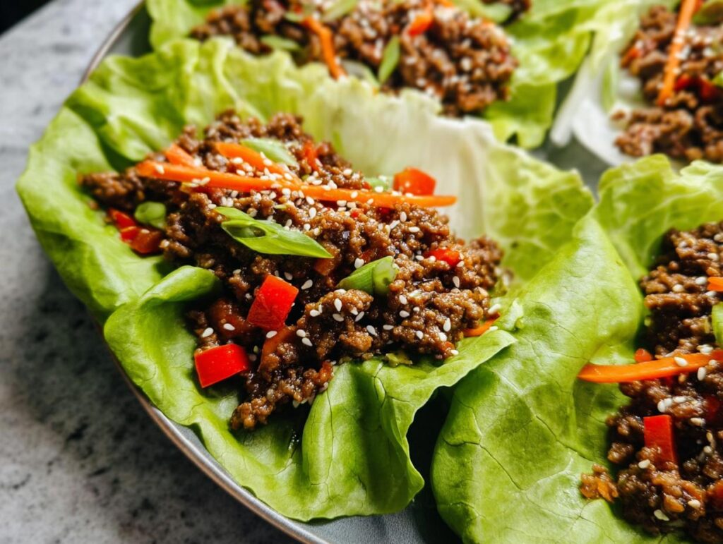 Close-up of Asian Ground Beef Lettuce Wraps filled with savory meat, topped with sesame seeds, carrots, and green onions.