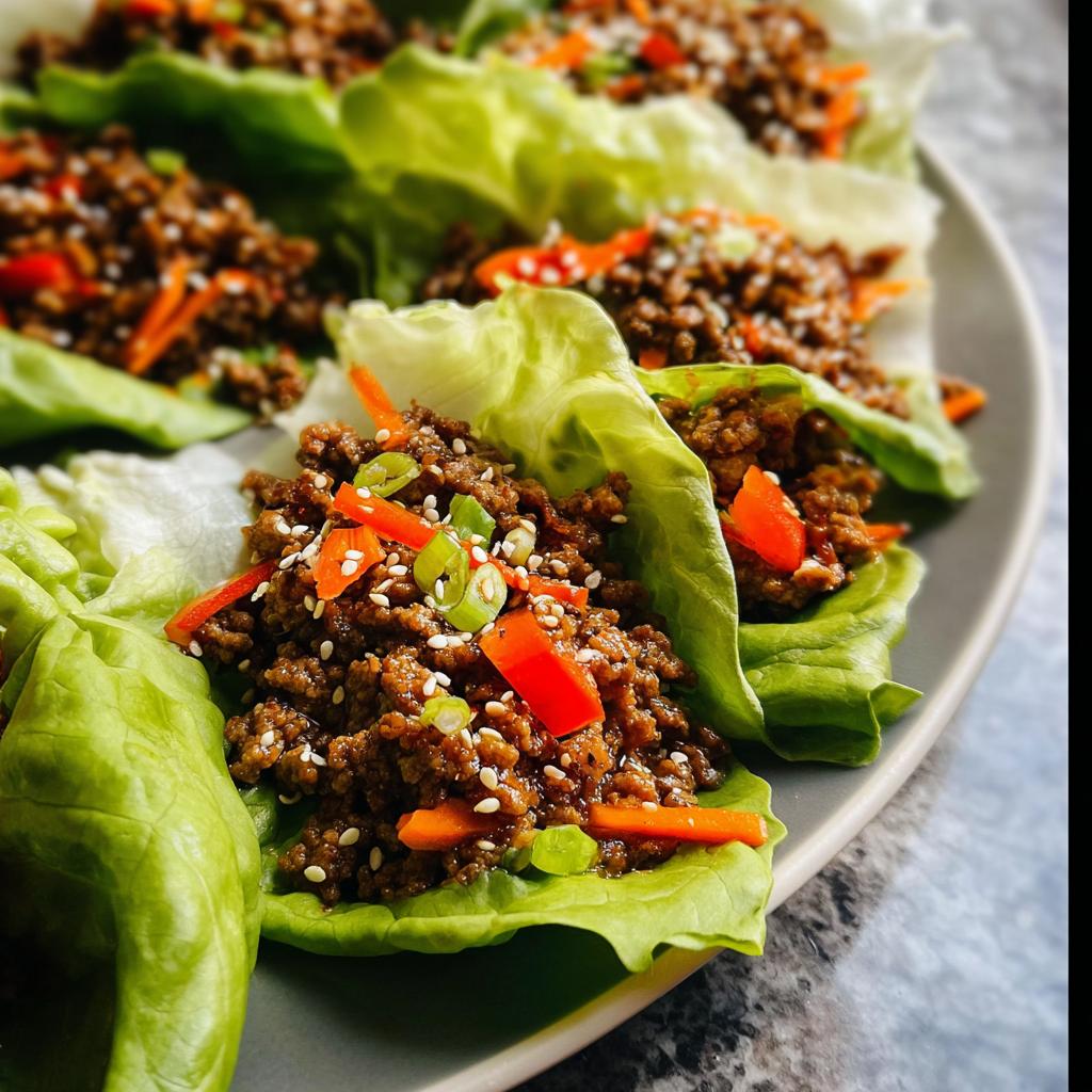 Close-up of several Asian Ground Beef Lettuce Wraps filled with savory meat and topped with sesame seeds and peppers.