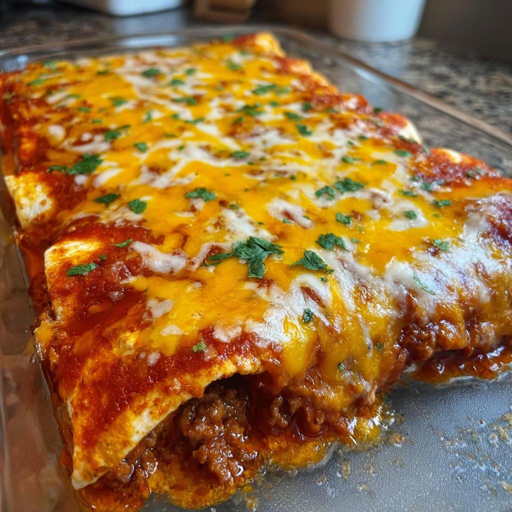 A close-up view of freshly baked cheesy beef enchiladas covered in melted cheddar and Monterey Jack cheese and red sauce.