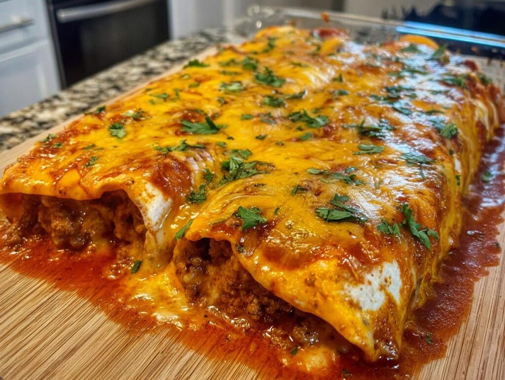 Close-up of freshly baked Baked Cheesy Beef Enchiladas covered in melted cheddar and sauce, garnished with cilantro.