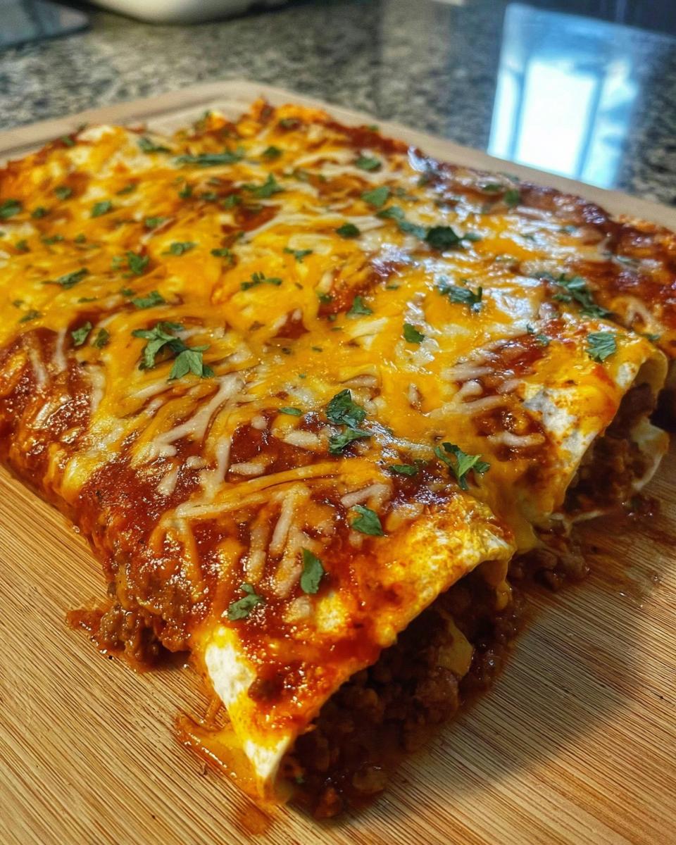 A close-up view of several Baked Cheesy Beef Enchiladas covered in red sauce and melted cheddar cheese, garnished with cilantro.
