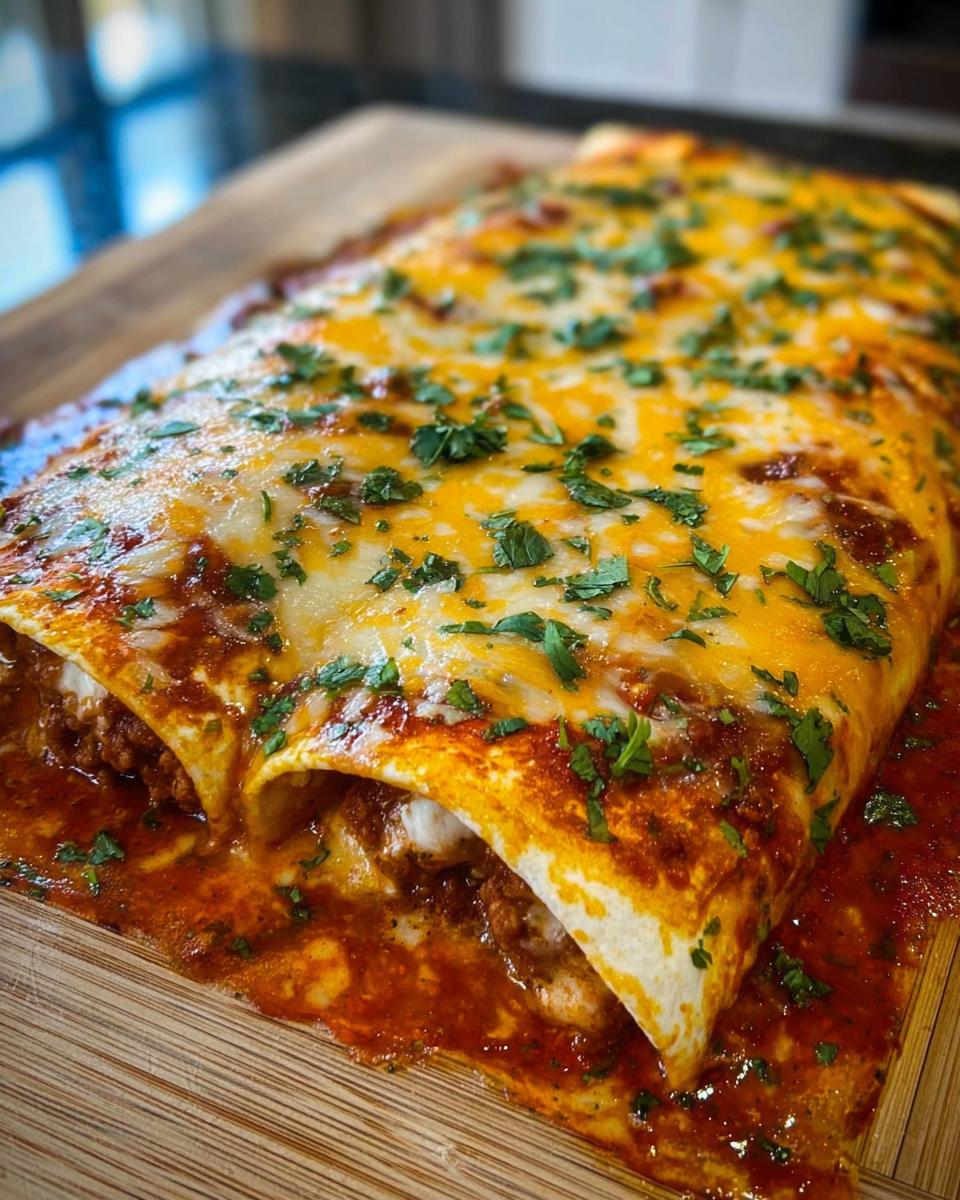 Close-up of freshly baked cheesy beef enchiladas covered in red sauce and melted cheese, garnished with cilantro.
