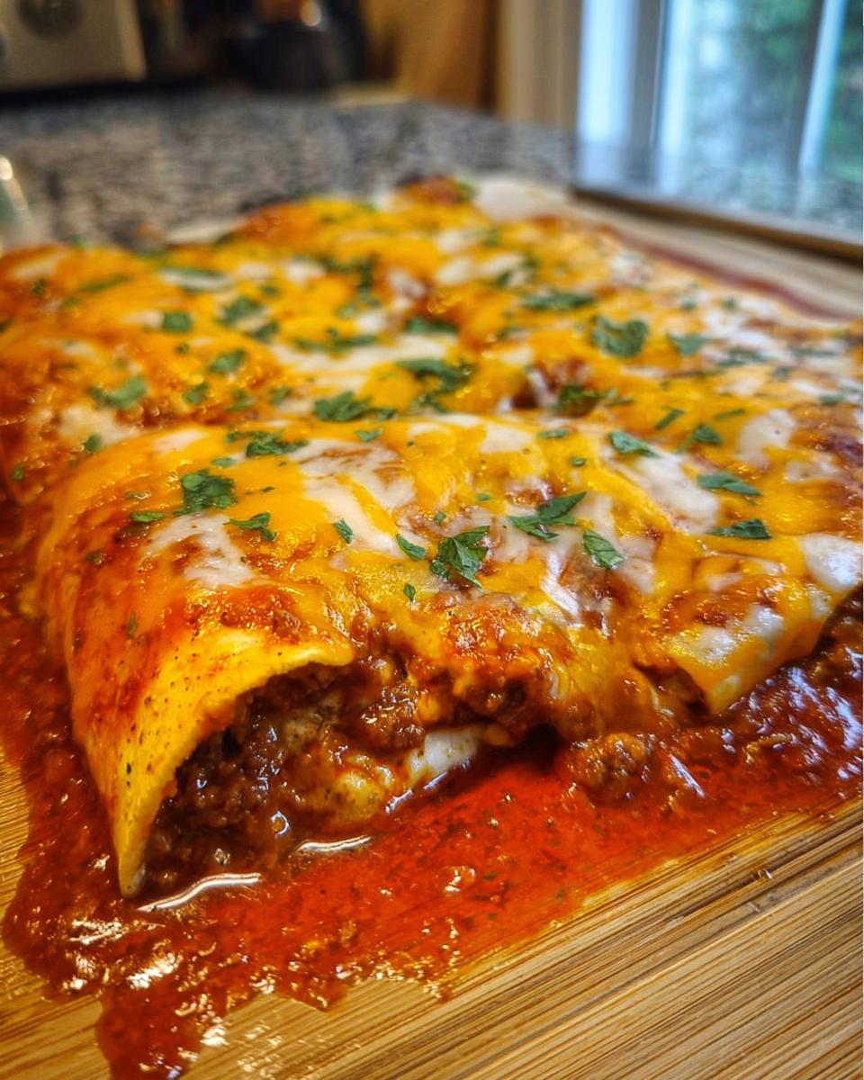 Close-up of freshly baked cheesy beef enchiladas covered in melted cheese and sauce, garnished with parsley.