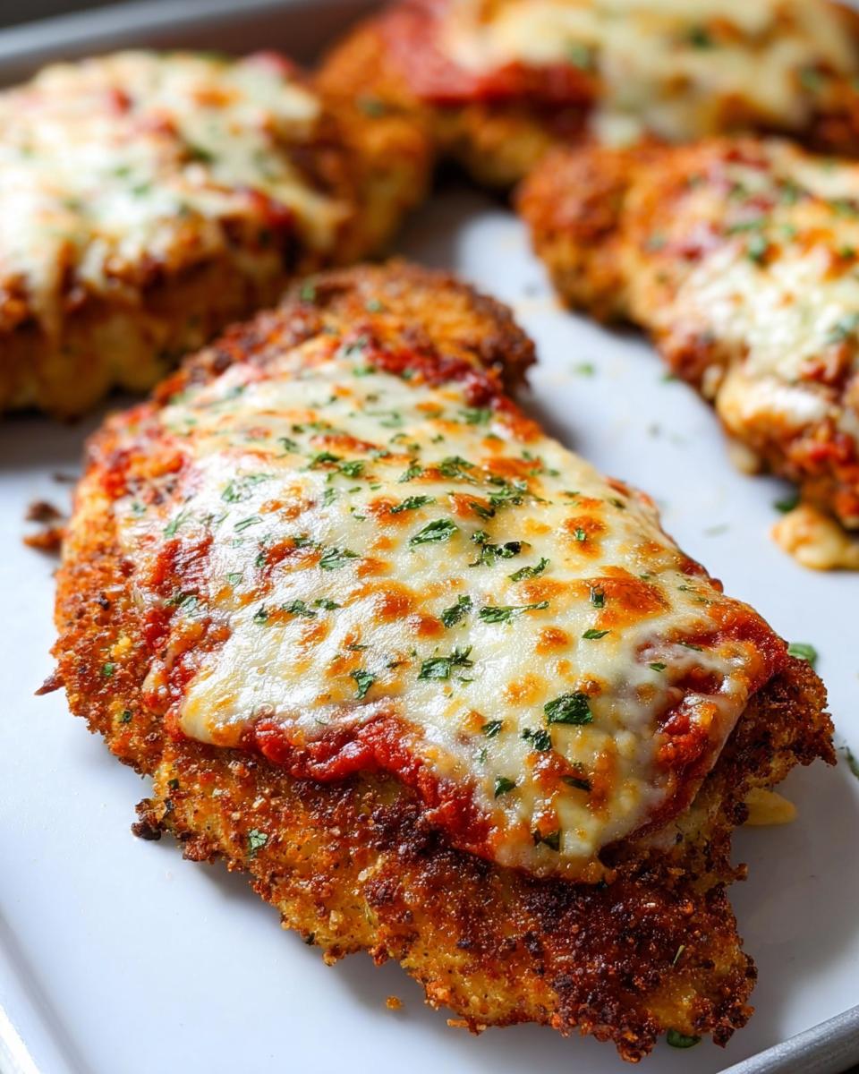 Close-up of a perfectly golden Baked Chicken Parmesan with Mozzarella, topped with marinara sauce and fresh parsley.