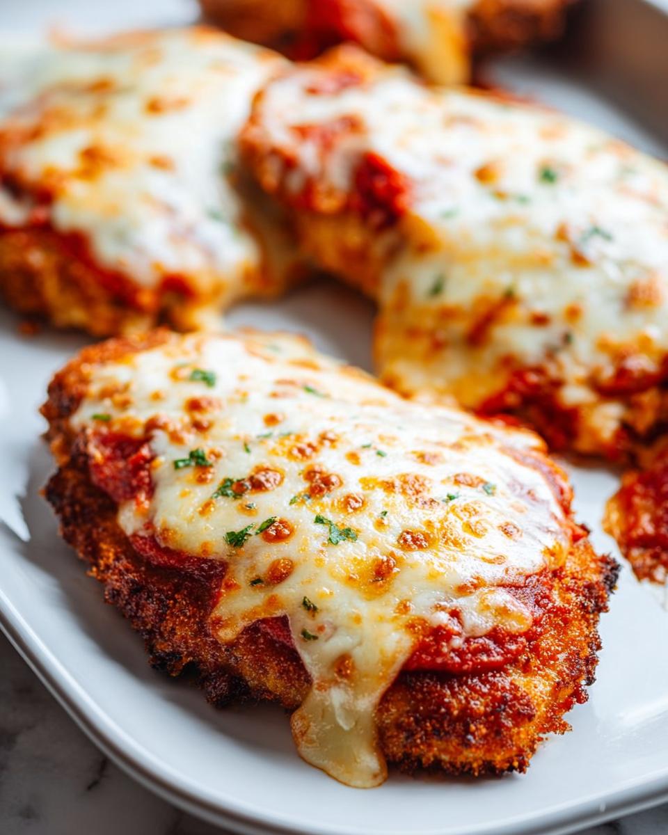 Close-up of crispy Baked Chicken Parmesan with Mozzarella, topped with marinara and melted cheese.