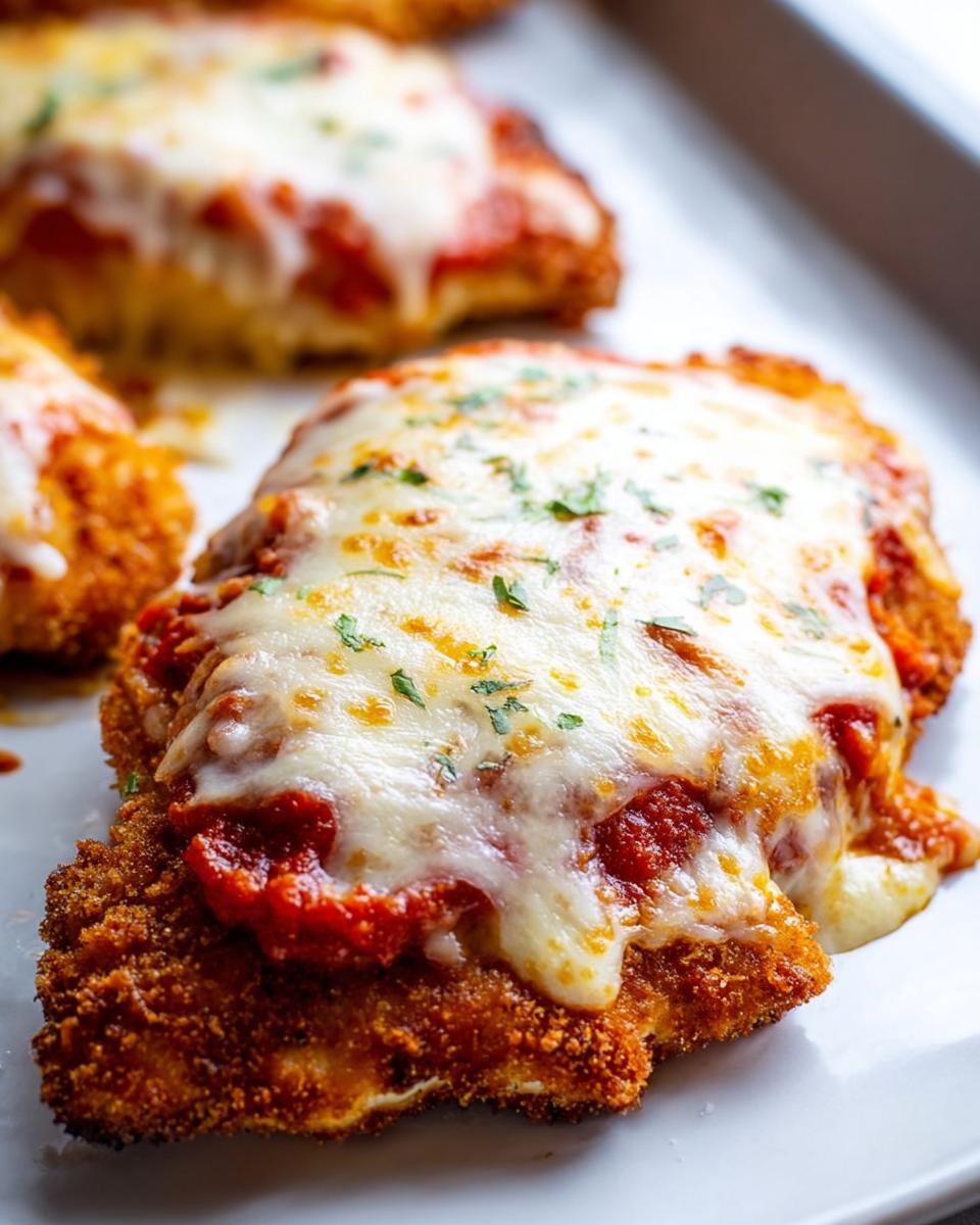 A close-up of a golden, crispy piece of Baked Chicken Parmesan with Mozzarella, topped with marinara sauce and melted cheese.