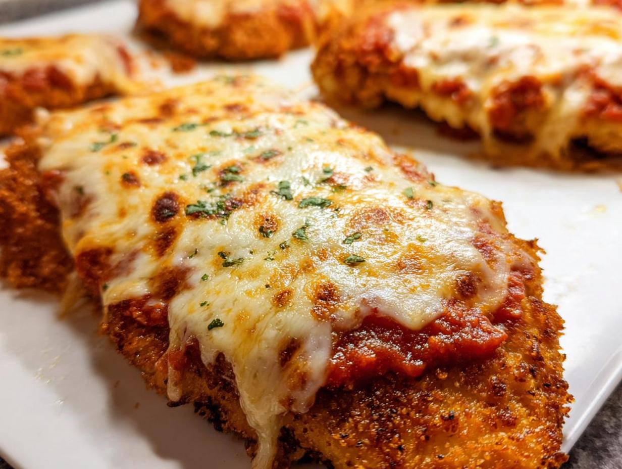Close-up of a perfectly baked chicken parmesan with crispy breading, marinara sauce, and melted mozzarella cheese.