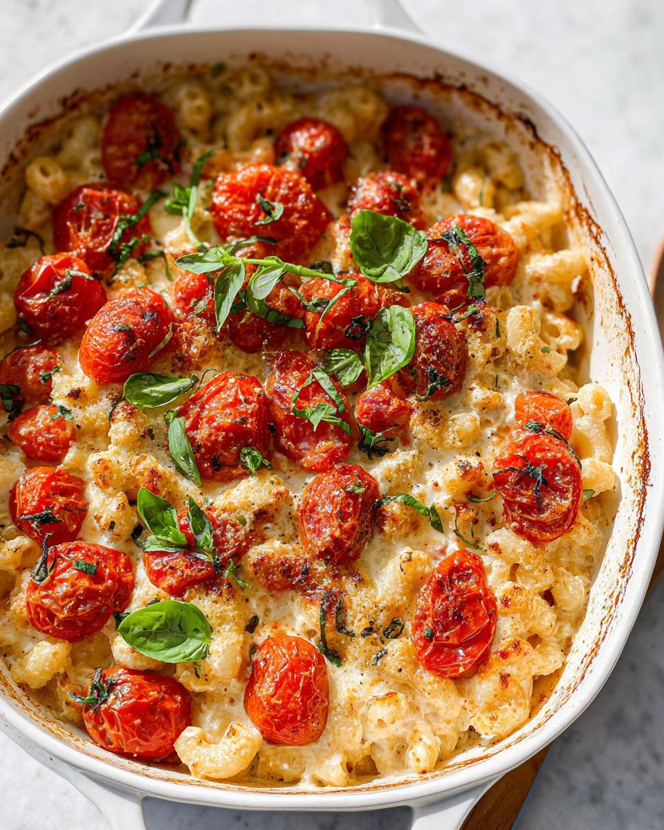Close-up of creamy Baked Feta Tomato Pasta topped with blistered cherry tomatoes and fresh basil.