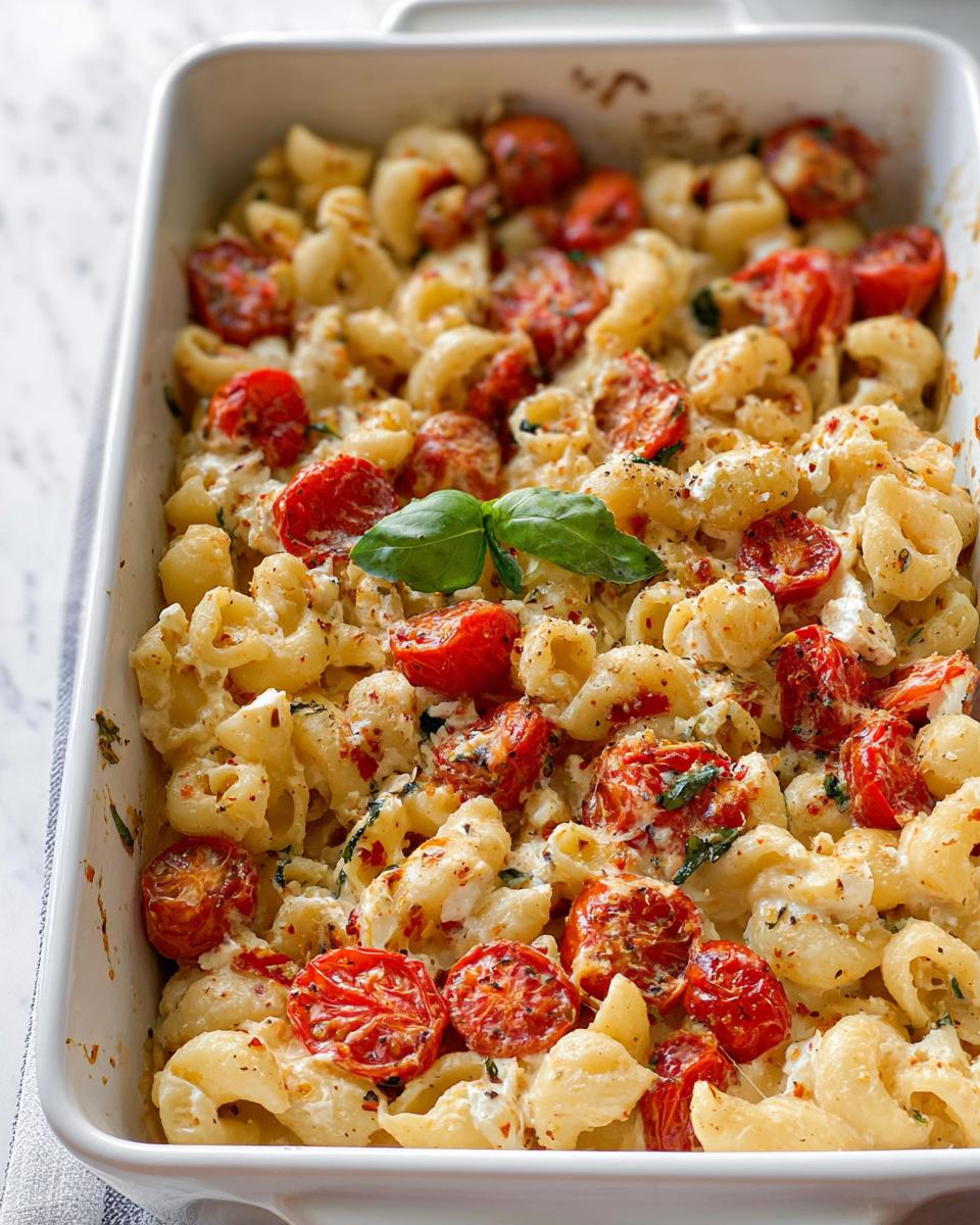 A white baking dish filled with creamy Baked Feta Tomato Pasta, featuring roasted cherry tomatoes and a fresh basil garnish.