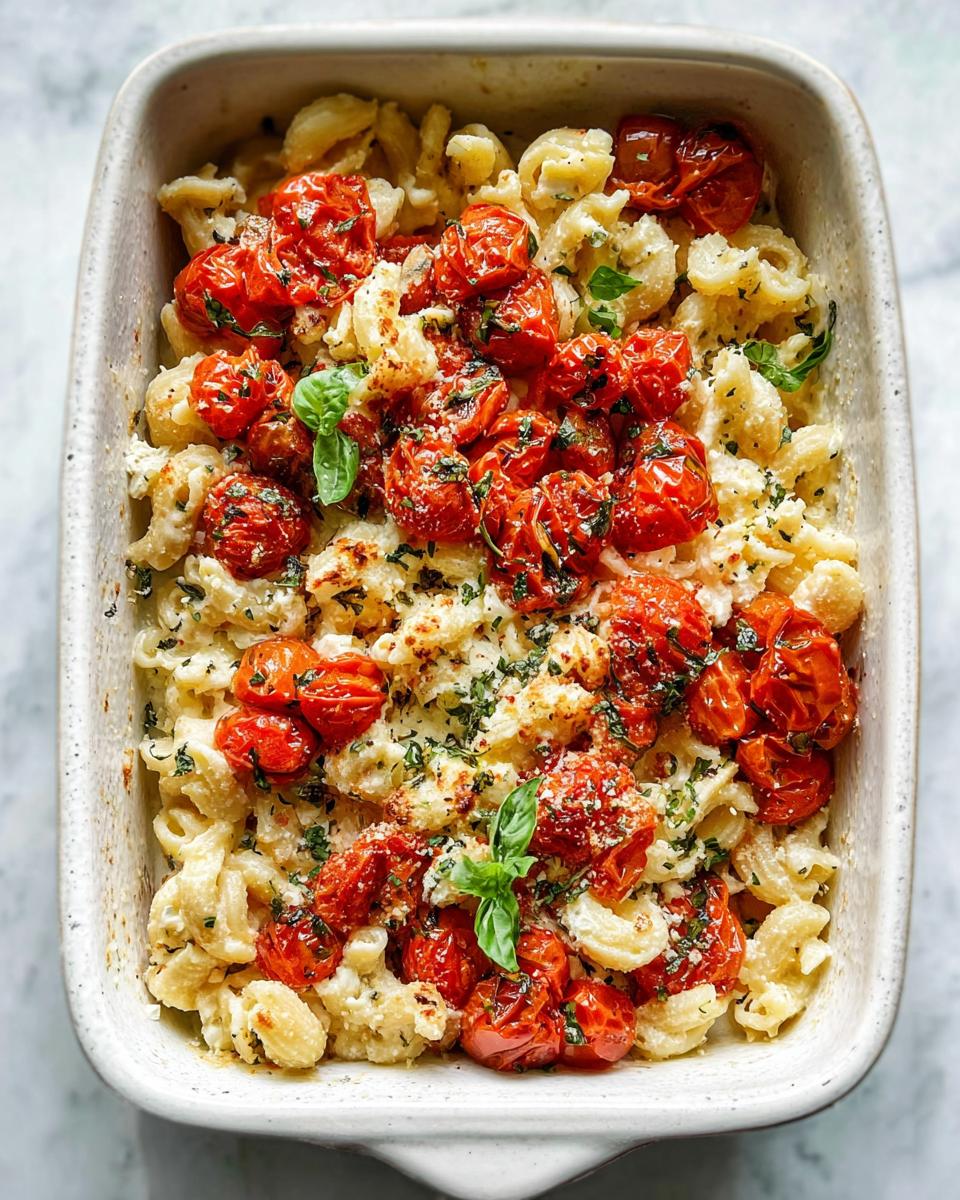Overhead view of creamy Baked Feta Tomato Pasta with roasted cherry tomatoes and fresh basil in a white baking dish.
