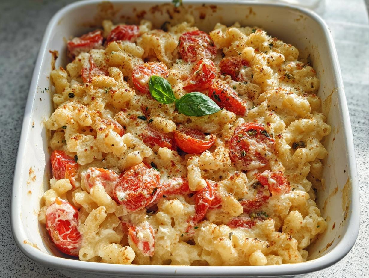 Close-up of creamy Baked Feta Tomato Pasta with roasted cherry tomatoes and a basil garnish.