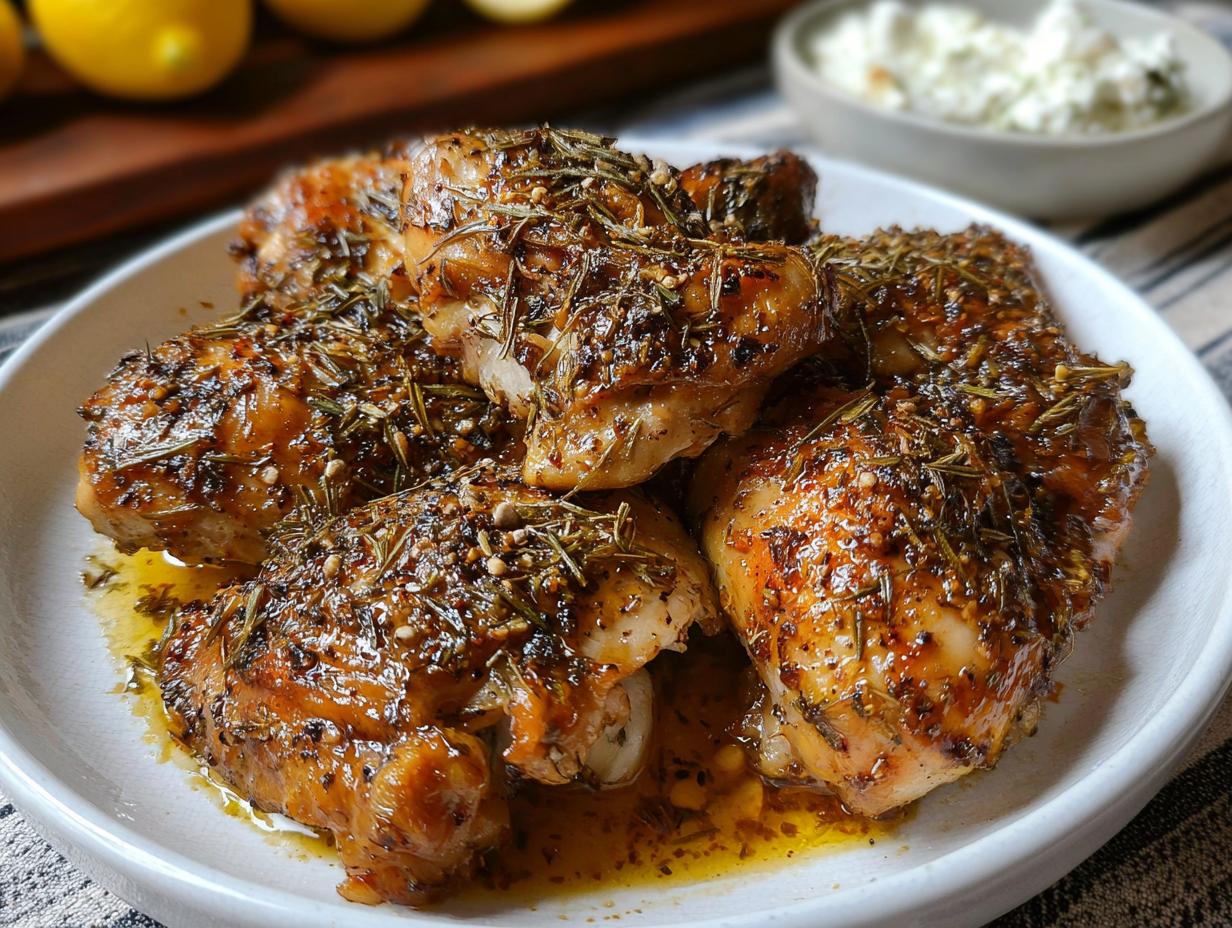 Close-up of juicy Baked Greek Lemon Oregano Chicken pieces covered in herbs and glistening sauce on a white plate.