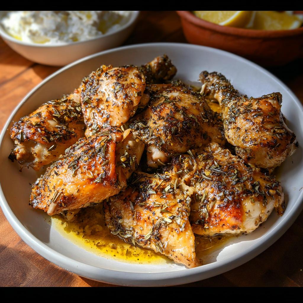 Close-up of juicy Baked Greek Lemon Oregano Chicken pieces seasoned heavily with herbs in a white bowl.