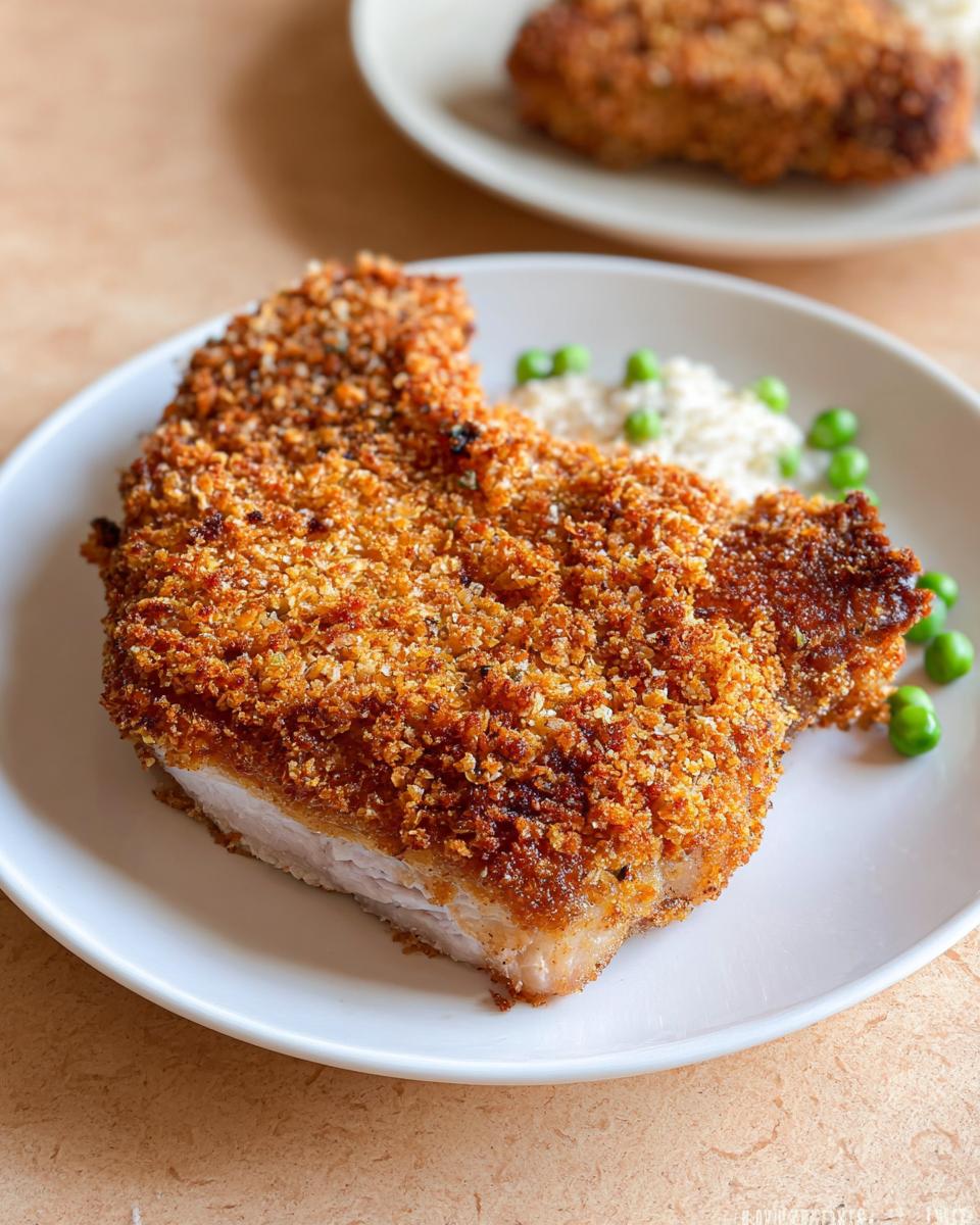 A close-up of a perfectly golden brown Baked Panko Crusted Pork Chop served with rice and peas.